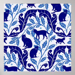 Póster Elegante Chinoiserie Azul Negro Cat-Whimsical