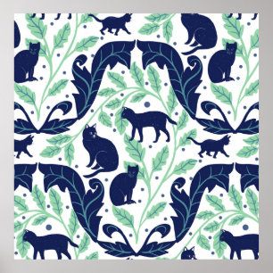 Póster Elegante Chinoiserie Blue Mint Black Cat-Whimsical