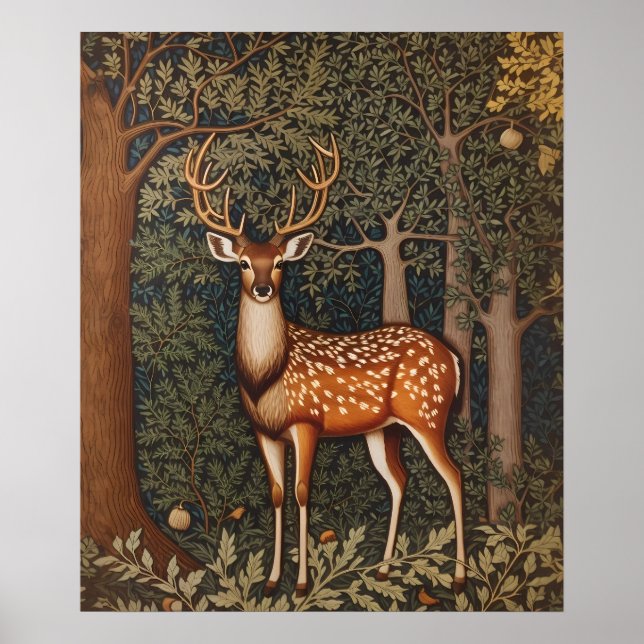 Póster Elegante ciervo en bosque de robles (Frente)