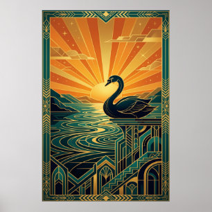 Póster Elegante cisne Art Deco en la puesta de sol del la