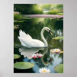 Póster Elegante cisne blanco en un dibujo de río forestal