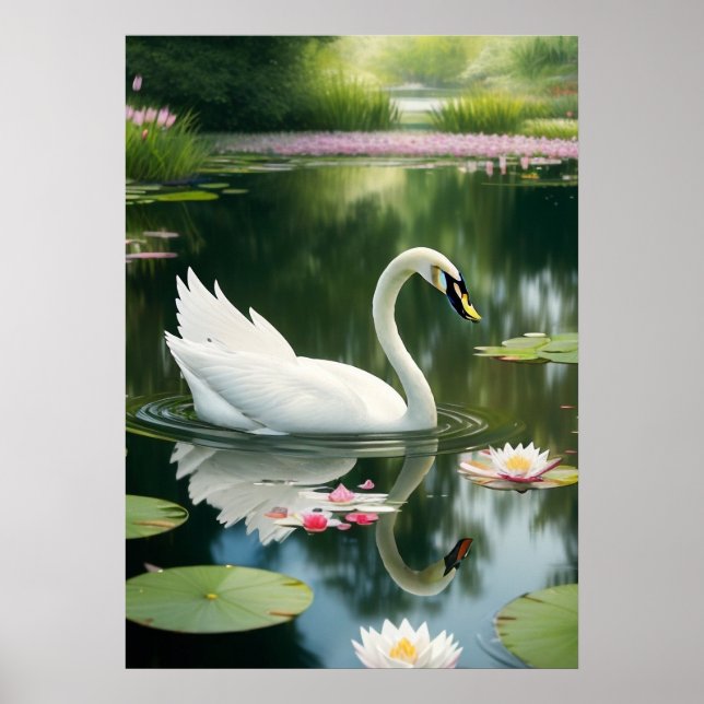 Póster Elegante cisne blanco en un dibujo de río forestal (Frente)