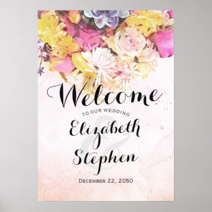 Póster Elegante Colorido Flores Acuarela Boda Bienvenida