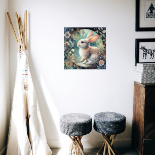 Póster Elegante Conejo Art Nouveau En Marco Floral Pascua