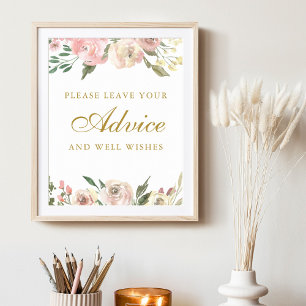 Póster Elegante consejo del Boda floral de oro rosado de 