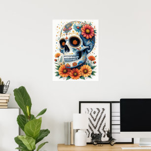 Póster Elegante cráneo de azúcar con flores