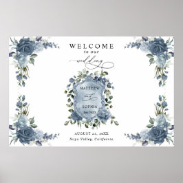 Póster Elegante Cresta Floral de Boda en Azul Polvoriento