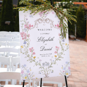 Póster Elegante Cresta Floral Rococó de Boda de Bienvenid