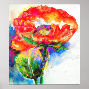 Póster Elegante cuadro de acuarela floral rojo