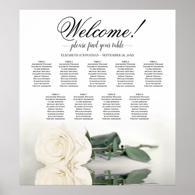 Póster Elegante cuadro de asientos Boda de la rosa blanca (Frente)