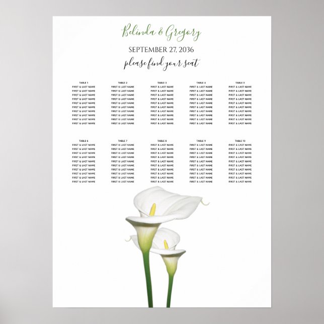 Póster Elegante cuadro de asientos Bodas de Calla Blanca  (Frente)
