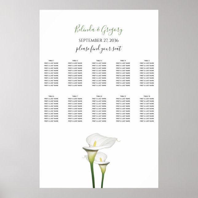 Póster Elegante cuadro de asientos Bodas de Calla Blanca  (Frente)