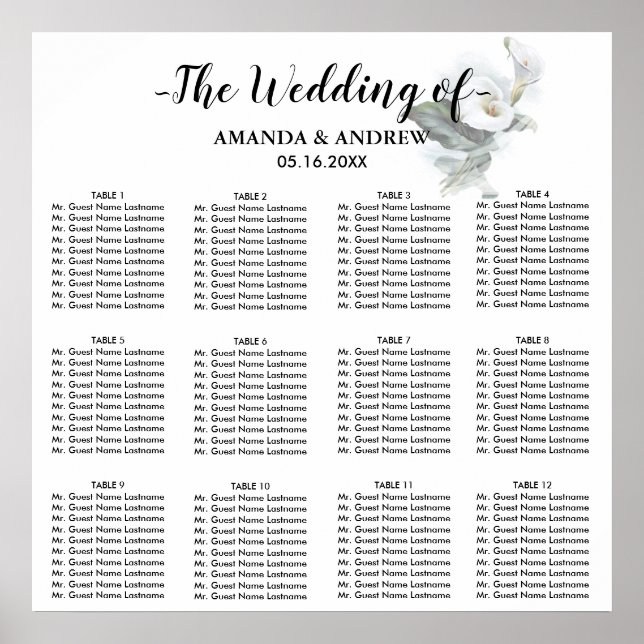 Póster Elegante cuadro de asientos de Boda de Calla Blanc (Frente)