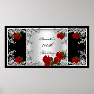 Póster Elegante Cumpleaños 100 Rojo Rosa Plata