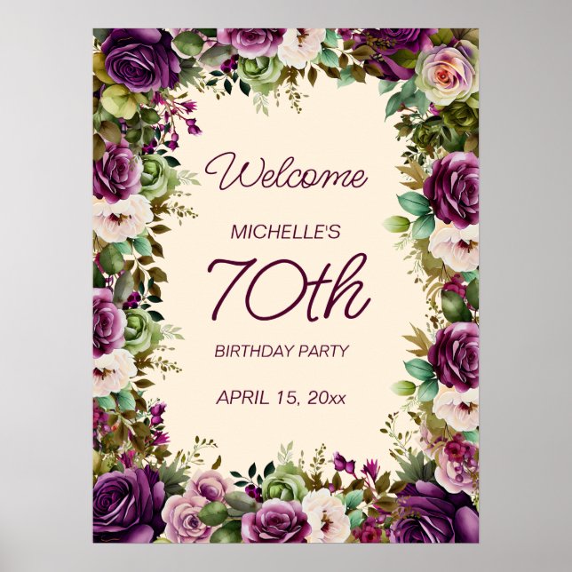 Póster Elegante Cumpleaños 70 Floral Acuarela Morado (Frente)
