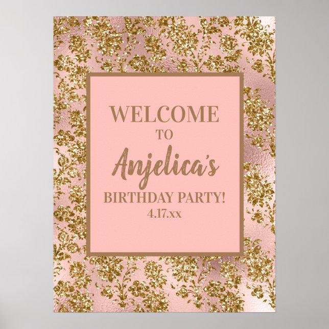 Póster Elegante Cumpleaños de Niña con Glitter de Oro Ros (Frente)
