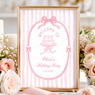 Póster Elegante Cumpleaños De Niña Con Lazo Rosa De Bienv