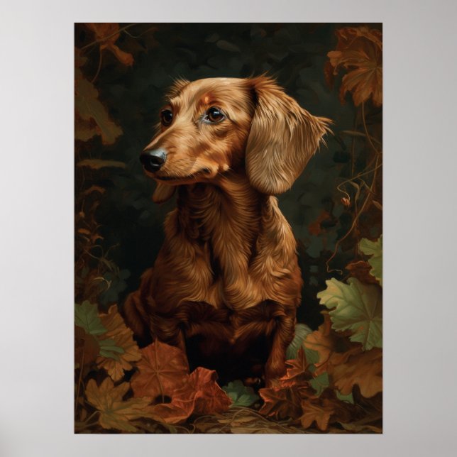 Póster Elegante Dachshund con hojas de otoño | Mascota fl (Frente)