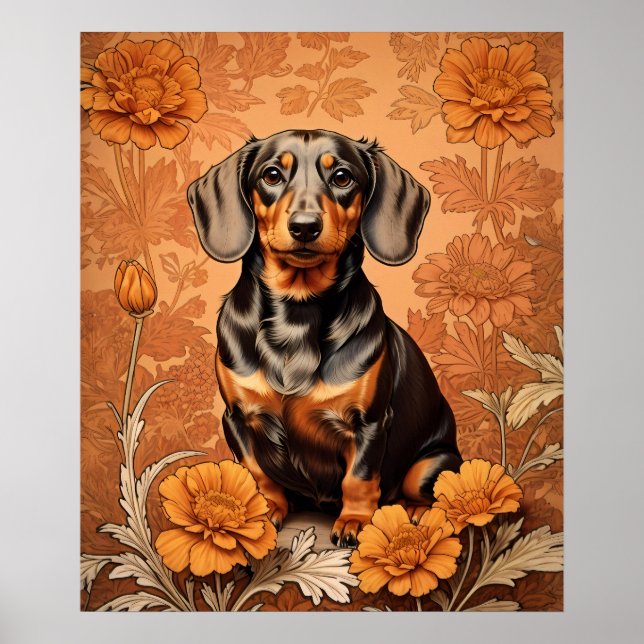 Póster Elegante Dachshund Y Marigoles (Frente)