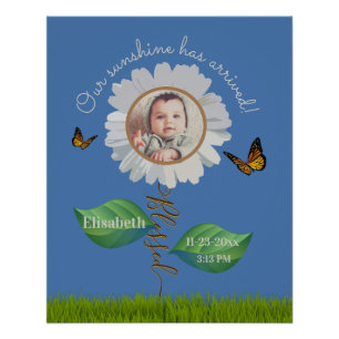 Póster Elegante Daisy Blue Floral Cute Baby Photo & Name