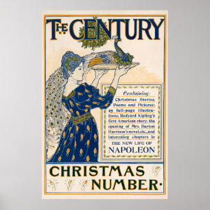 Póster Elegante dama Art Nouveau con pavo real de inviern