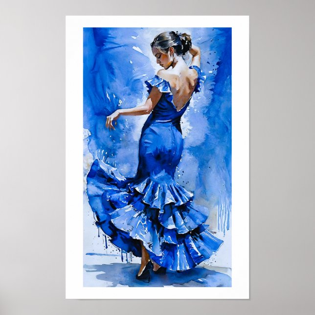 Póster Elegante Dama De Flamenco Española De Baile Azul (Frente)