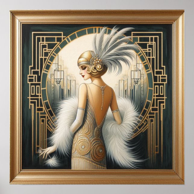 Póster Elegante Dama de Flapper Art Déco de los años 20,  (Frente)