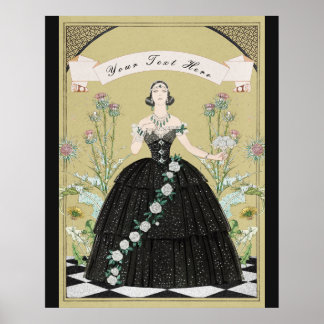 Póster Elegante Dama Gótica Victoriana Rosas Blancas Card