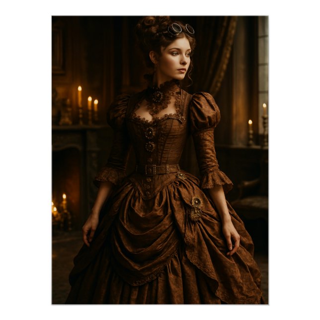 Póster Elegante dama victoriana steampunk en marrón (Anverso)