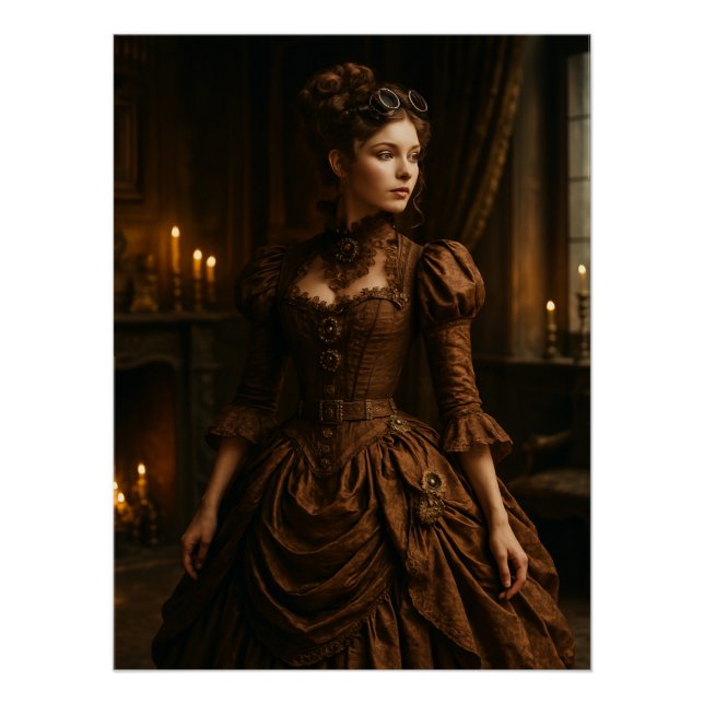 Póster Elegante dama victoriana steampunk en marrón (Anverso)