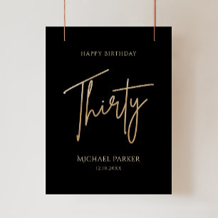Póster elegante de cumpleaños 30 en negro y dorado