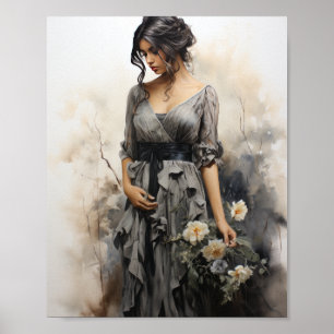 Póster Elegante dibujo de carbón vegetal de una mujer que
