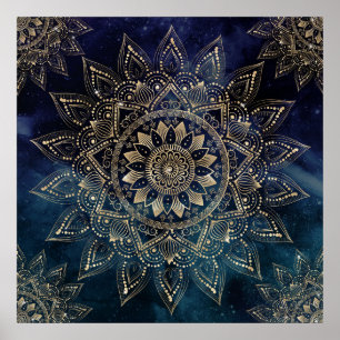 Póster Elegante diseño de galaxia azul Mandala dorada