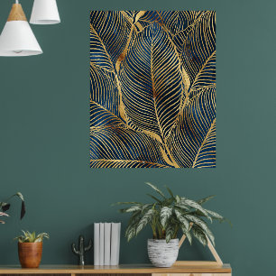 Póster Elegante diseño de hoja de oro azul