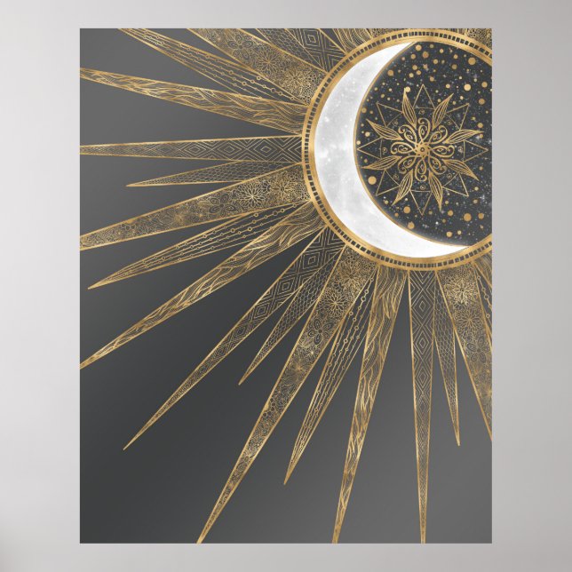 Póster Elegante Doodles dorados Sun Moon Mandala Diseño (Frente)