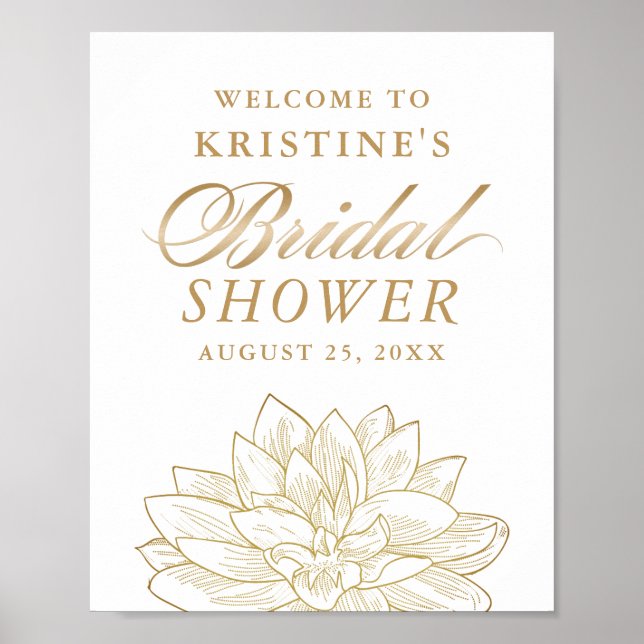 Póster Elegante Dorado Dahlia Floral Bridal Ducha Bienven (Frente)