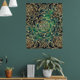 Póster Elegante Dorado Floral Mandala Diseño Azul Verde