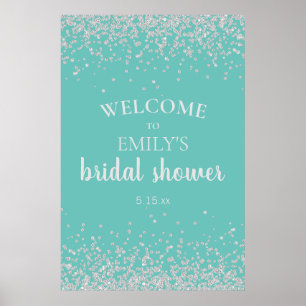 Póster Elegante ducha de novia con confeti de plata azul 