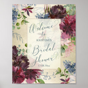 Póster Elegante ducha de novia floral borgoñona Bienvenid