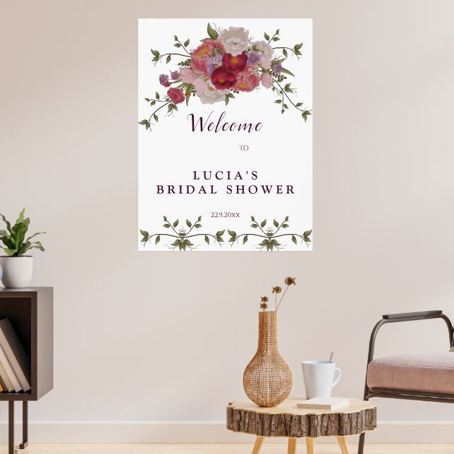 Póster Elegante ducha de novia floral borgoñona Bienvenid (Salón 3)