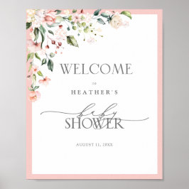 Póster Elegante ducha floral color de agua rosa bienvenid