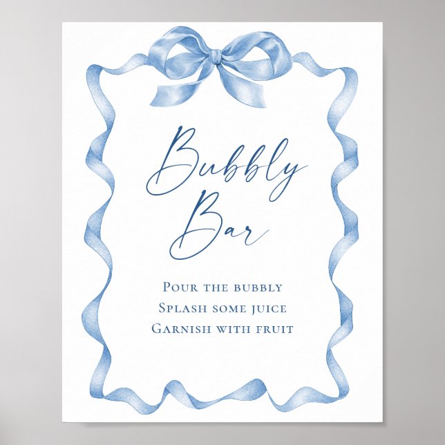 Póster Elegante Dusty Blue Bow Bridal Shower Bubbly Bar (Frente)