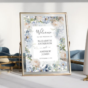 Póster Elegante Dusty Blue Flowers Garden Wedding Bienven