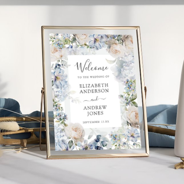 Póster Elegante Dusty Blue Flowers Garden Wedding Bienven (Subido por el creador)