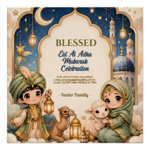 Póster Elegante Eid Al Adha Niños Lindos Linterna Dorada