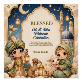 Póster Elegante Eid Al Adha Niños Lindos Linterna Dorada