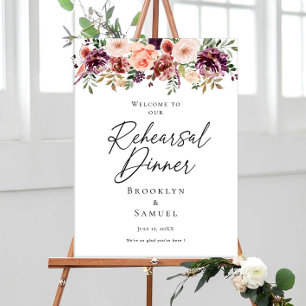 Póster Elegante Ensayo Cena Borgoña bienvenida con flores