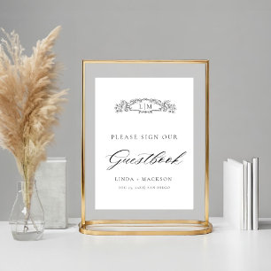 Póster Elegante escudo botánico monograma boda Guestbook