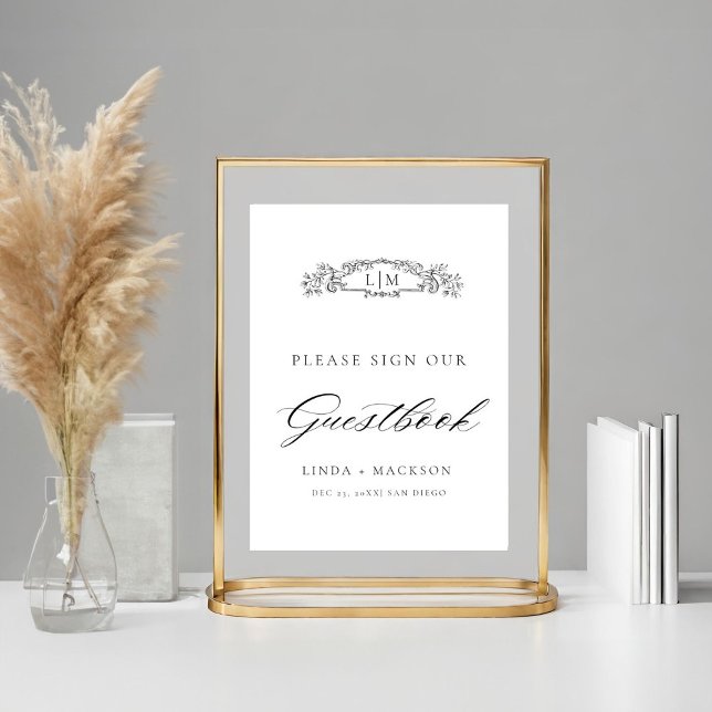 Póster Elegante escudo botánico monograma boda Guestbook (Subido por el creador)