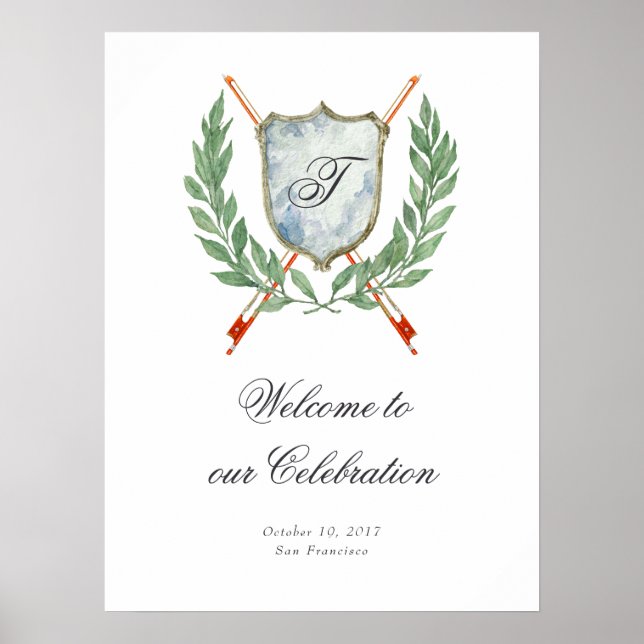 Póster Elegante Escudo Monograma Fiesta de Bienvenida Mus (Frente)